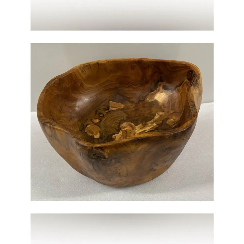 Vintage Pottery Barn Organic Teak Carved Wood Decorative Bowl - Natural Brown